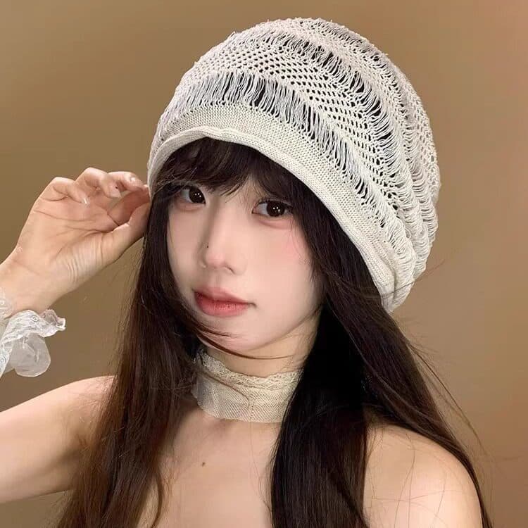Chapéu de malha vazada simples estilo japonês, chapéu feminino fino e respirável para o verão, adequado para tamanhos de