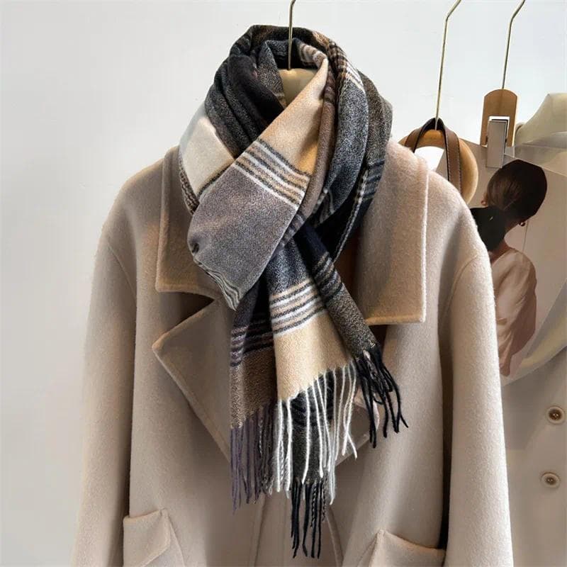 Imitação De Caxemira Xadrez Cachecol Feminino Outono Inverno Quente Borla Cachecóis Moda Xale Grade Lazer Neckerchief