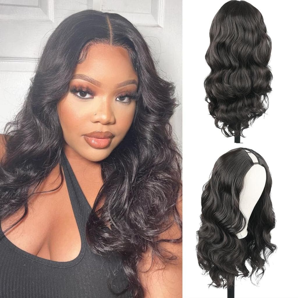 Perucas Sintéticas Onduladas (Body Wave) Matthhia V Part para Mulheres Negras, Peruca U Part Sem Cola, Peruca de Meio Ca