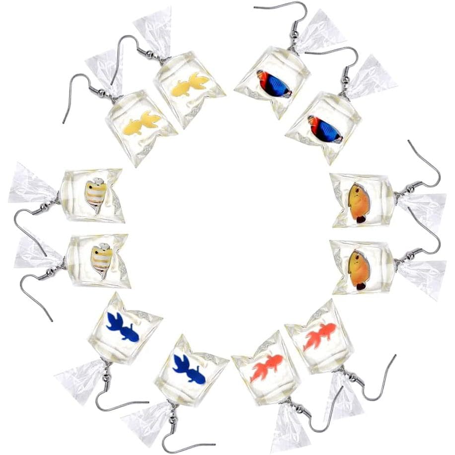 Funny Cute Animal Fish Earrings - Goldfish Water Bag Shape Dangle Hook Colorful Tiny Goldfish Bag Earrings Punk Personal