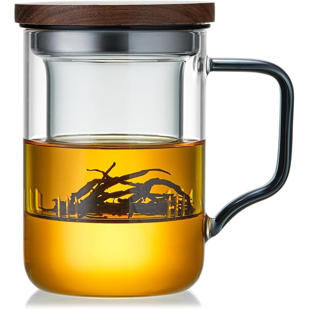 Copo de Chá de Vidro com Infusor e Tampa, 430ml/14.5oz, Grande Caneca de Borossilicato Transparente para Chá de Folhas S