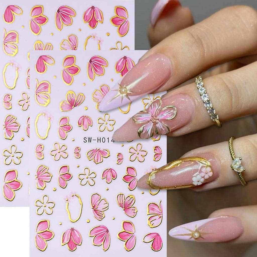 4 Folhas de Adesivos para Unhas Rosa Primavera para Arte em Unhas - YIHONGYAN Adesivos 3D para Unhas com Borda Dourada e