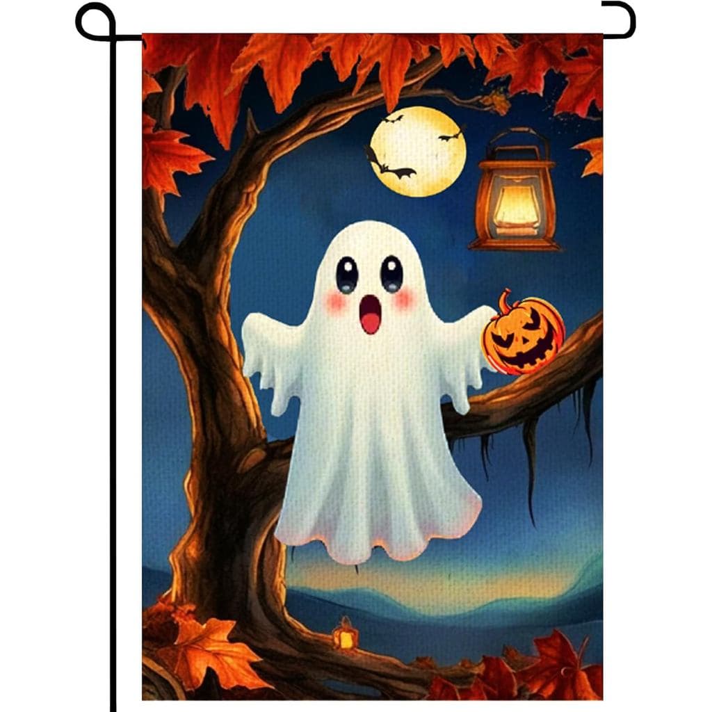 Bandeira de Jardim de Halloween com Fantasma Fofo 12x18 Vertical Dupla Face com Abóbora e Folha de Bordo, Bandeira de Bo