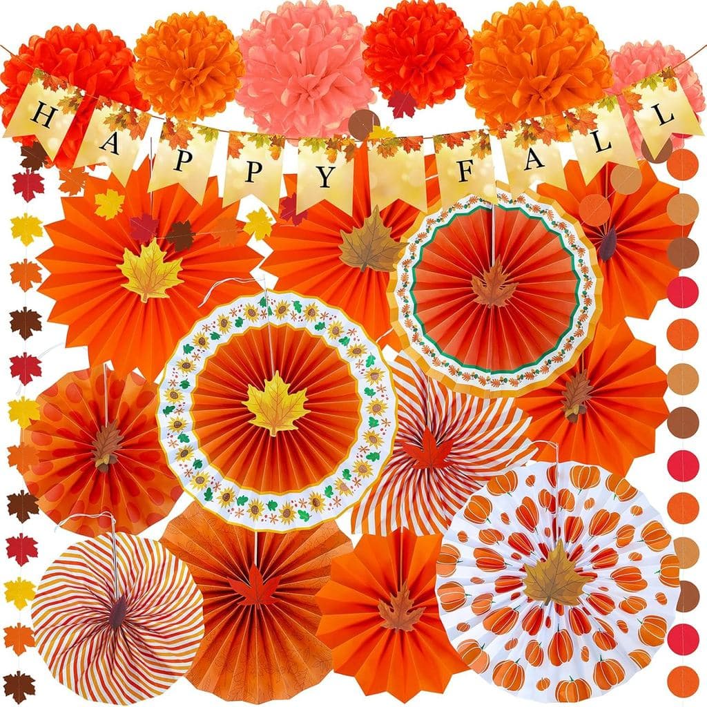 Conjunto de 21 Peças de Decorações para Festa de Outono Winlyn, Leques de Papel Laranja para Pendurar, Faixa de Feliz Ou