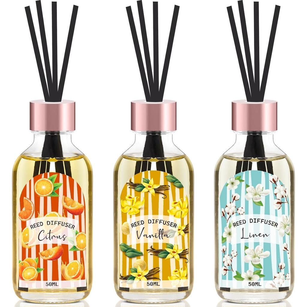 Conjunto de 3 Difusores de Varetas, Difusor de Óleo com Aroma de Linho, Baunilha e Cítricos com 15 Varetas, Difusores de