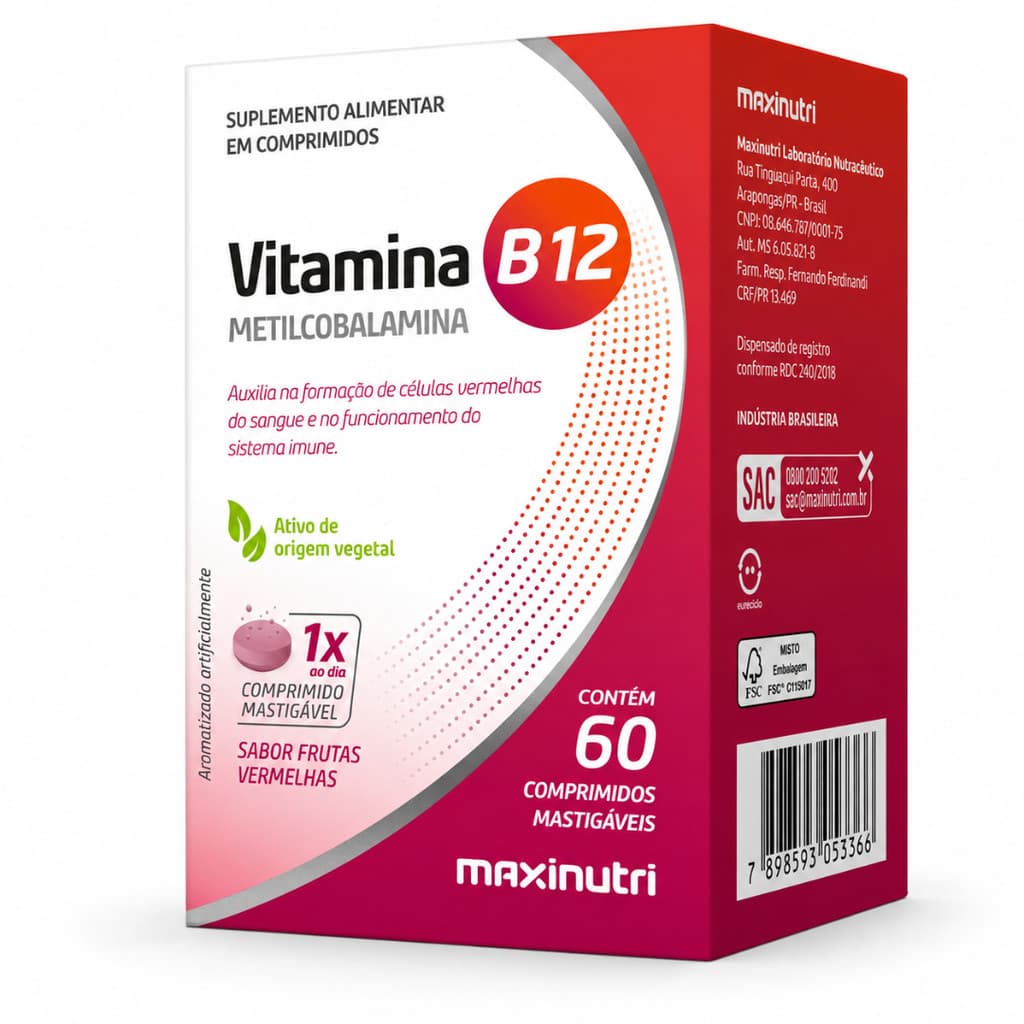Vitamina B12 Maxinutri Mastigáveis Metabolismo e Energia Em 60 Cápsulas
