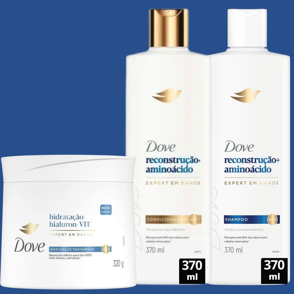 Kit Dove Reconstrução Aminoácido Expert Danos  Máscara Hidratação Hialuran Shampoo 370ml Condicionador