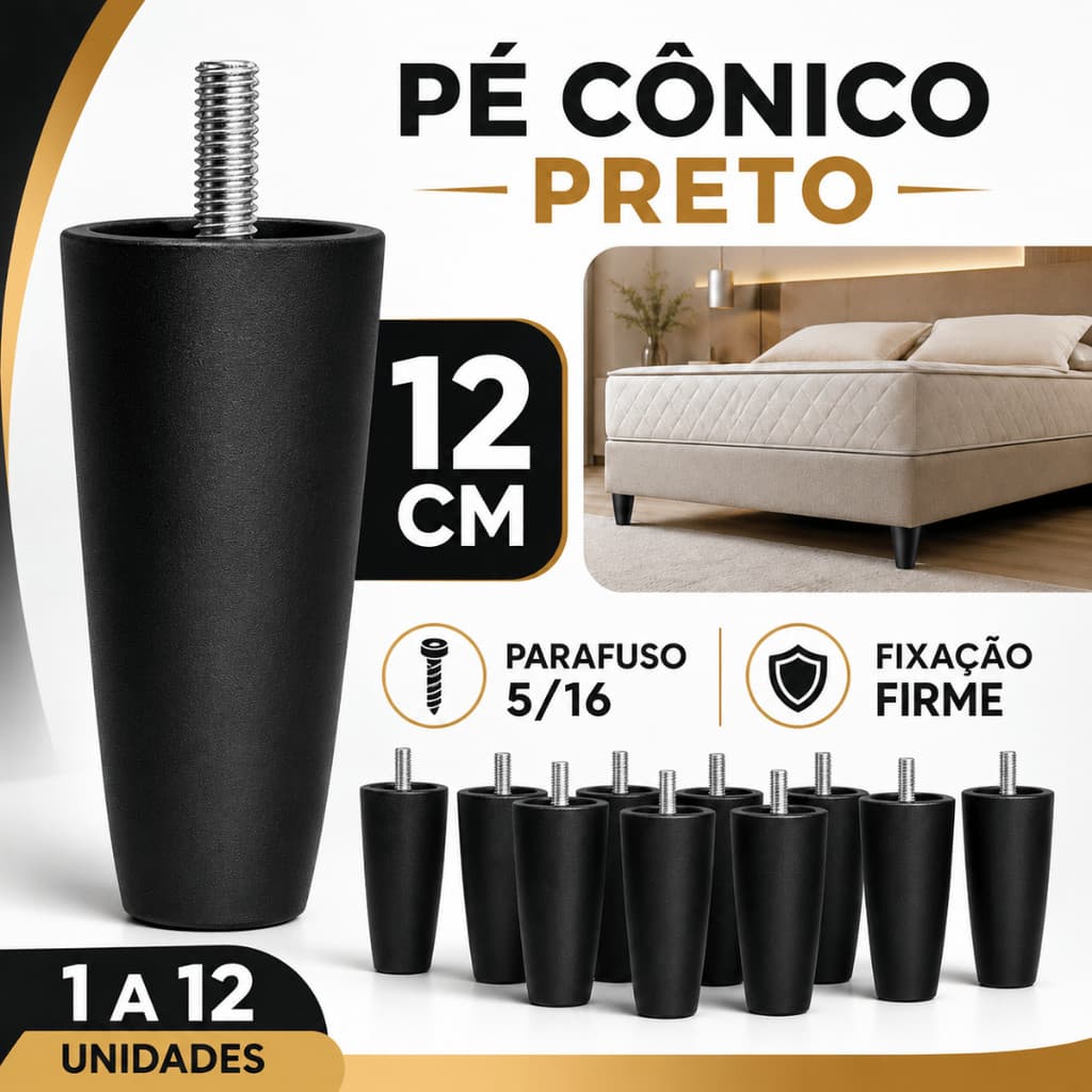 Pé de Cama Box Reforçado Preto Kit 1 a 12 Unidades Firme Não Balança Fácil Instalação