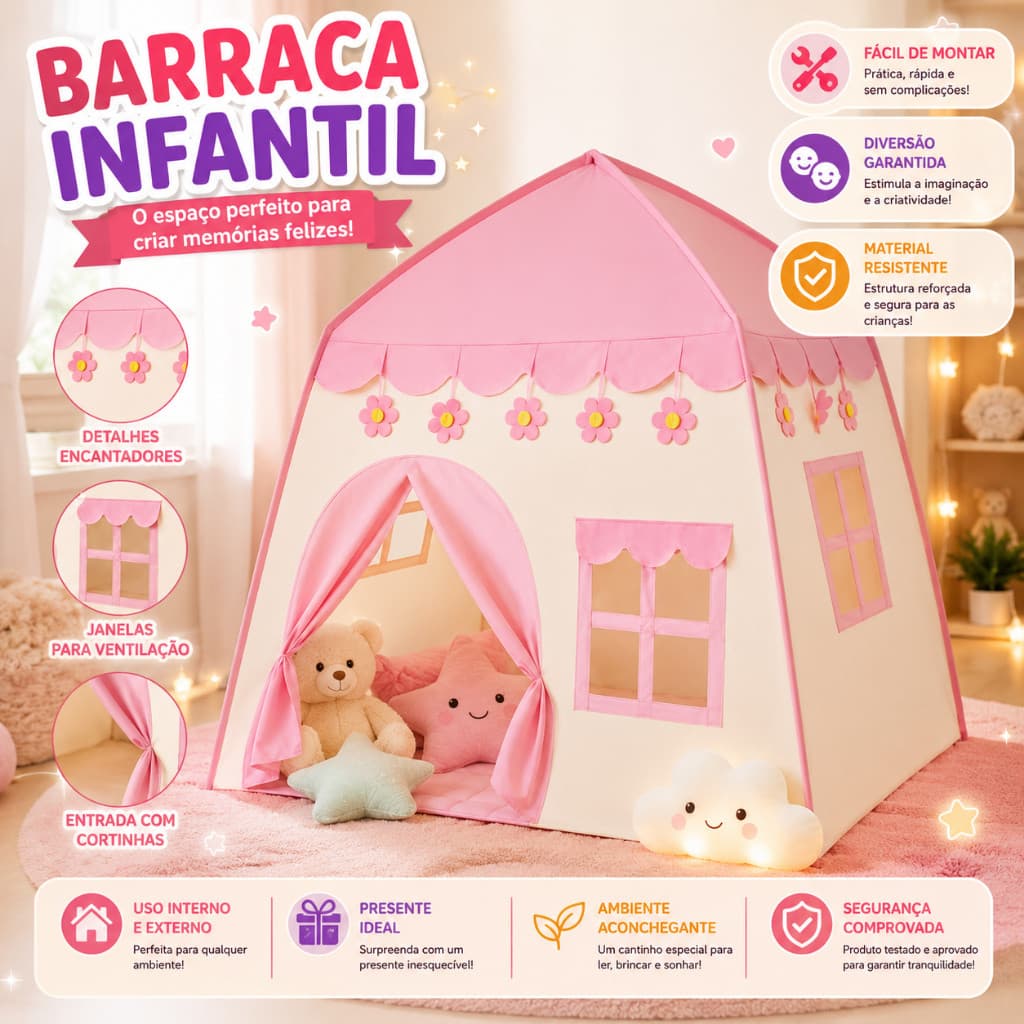 Barraca Infantil Menina Castelo Encantado Dobrável Fácil Montagem e Transporte