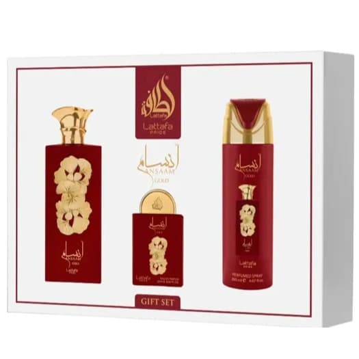 Kit de Perfume e Desodorante Lattafa Pride Árabe Ansaam Gold Gift Set Eau de Parfum Unissex - 3 Unidades