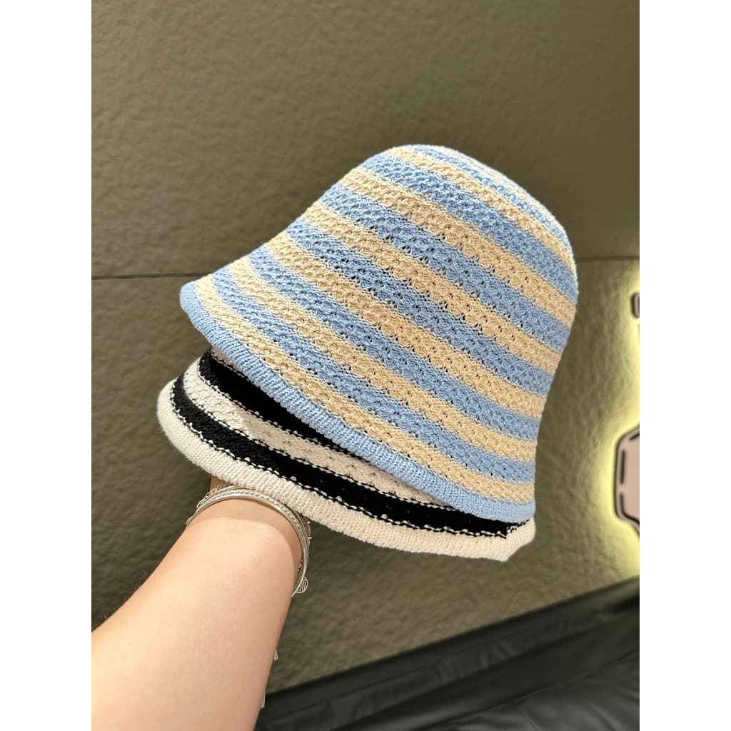 Verão novo estilo Retro All-Match balde chapéu feminino Casual respirável nicho chapéu de malha viagem pára-sol listrado