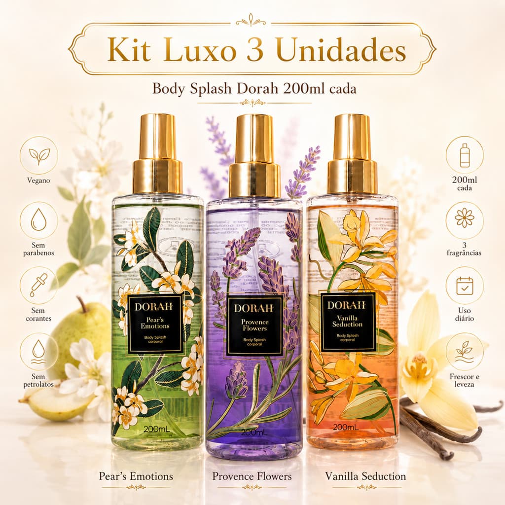 Kit 3 Body Splash Luxo Dorah 200ml cada (Pera, Baunilha e Lavanda) Vegano