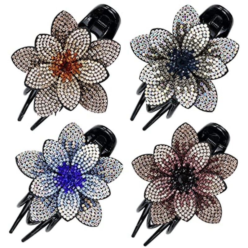 InSowni 4 Pacotes De Luxo Extravagante Decorativo Glitter Cristais Brilhantes Strass Flor Grande Garras De Cabelo Presil