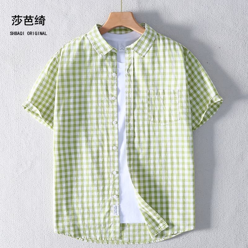 Verão fino camisa de meia manga masculina puro algodão verificado camisa masculina mulheres casais Casual lapela de mang
