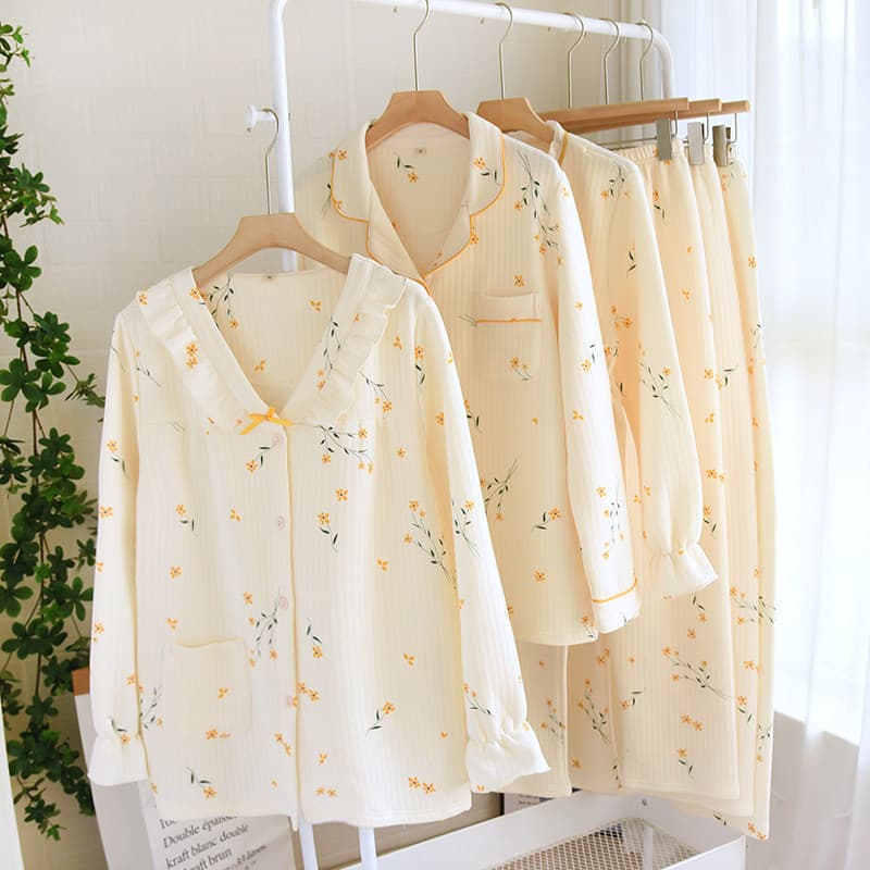 Outono inverno ar algodão pijamas feminino manga comprida puro algodão acolchoado quente tamanho grande Cardigan Loungew