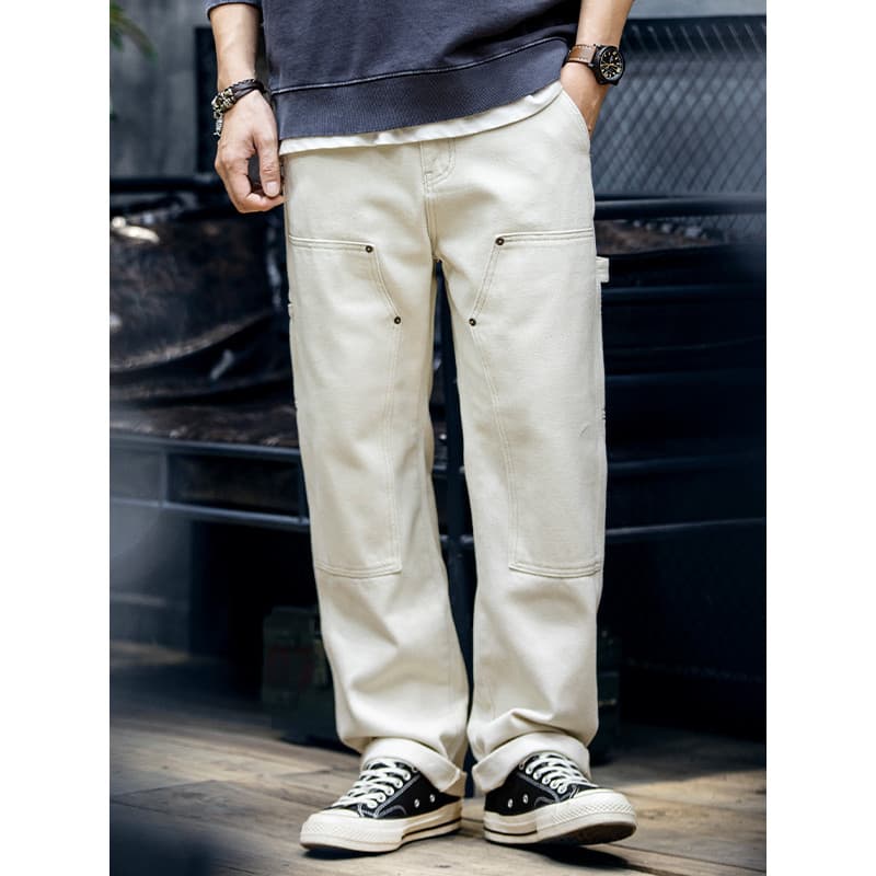 Americano Retro macacão bege Jeans masculino primavera outono Multi-bolso em linha reta solta calças casuais macacão de