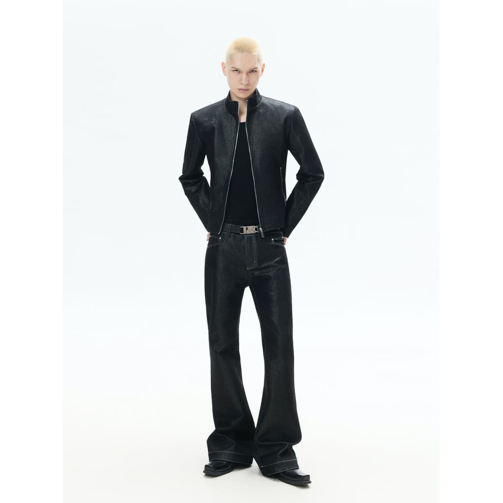 FRKM SCD 26 SS Prata Seda Cintilante Noite Estrelada Jaqueta Jeans Zíper Gola Formal Ombro Equipado Jaqueta Curta