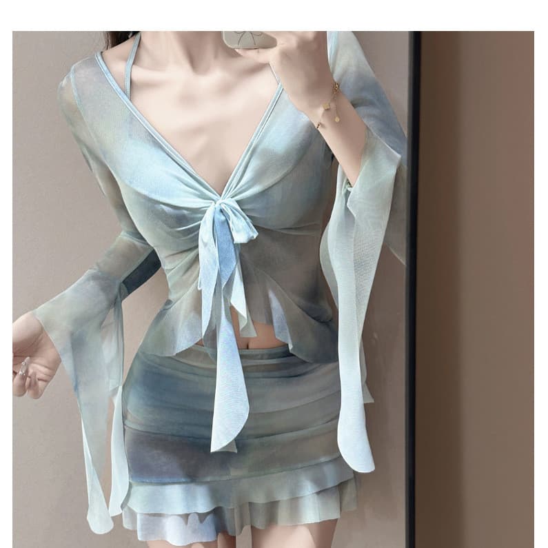 Maiô feminino blusa dividida Tie-Dye conjunto de três peças estilo fresco capa barriga mais magro olhar conservador féri