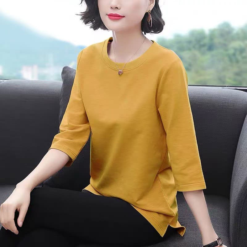 Primavera verão novo estilo solto tamanho grande manga de três quartos doce cor camiseta feminina Casual mãe usar camisa