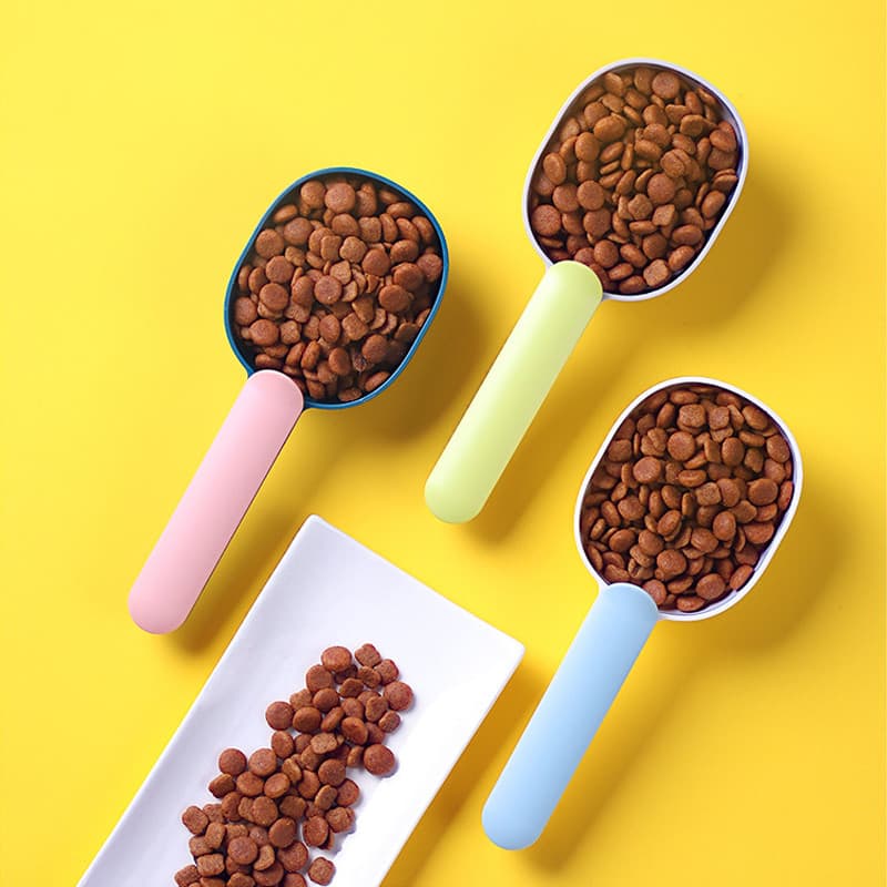 Colher de comida para cachorro, pá para comida de gato, suprimentos para cães, colher medidora de comida, lanche, clipe