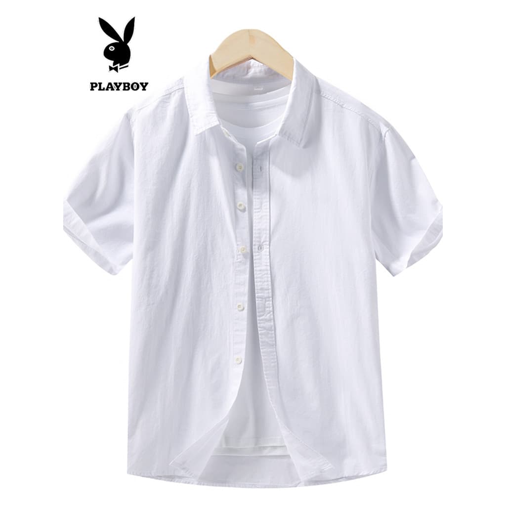 Playboy puro algodão respirável fino camisa de manga curta masculina verão solto Casual lapela cor sólida All-Match cami