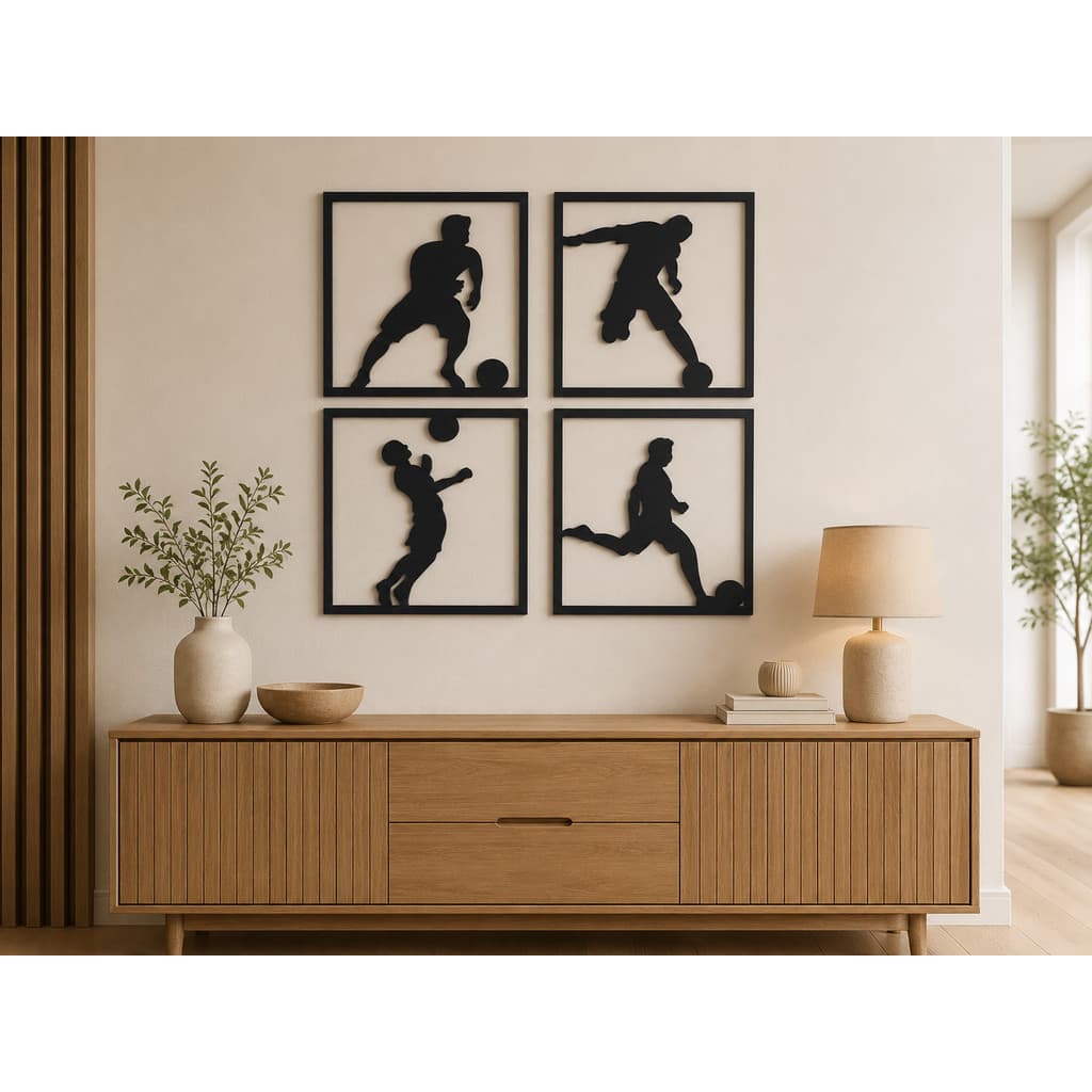 Kit 4 Quadros Decorativos Futebol MDF Preto 3mm Jogadores Bola Parede