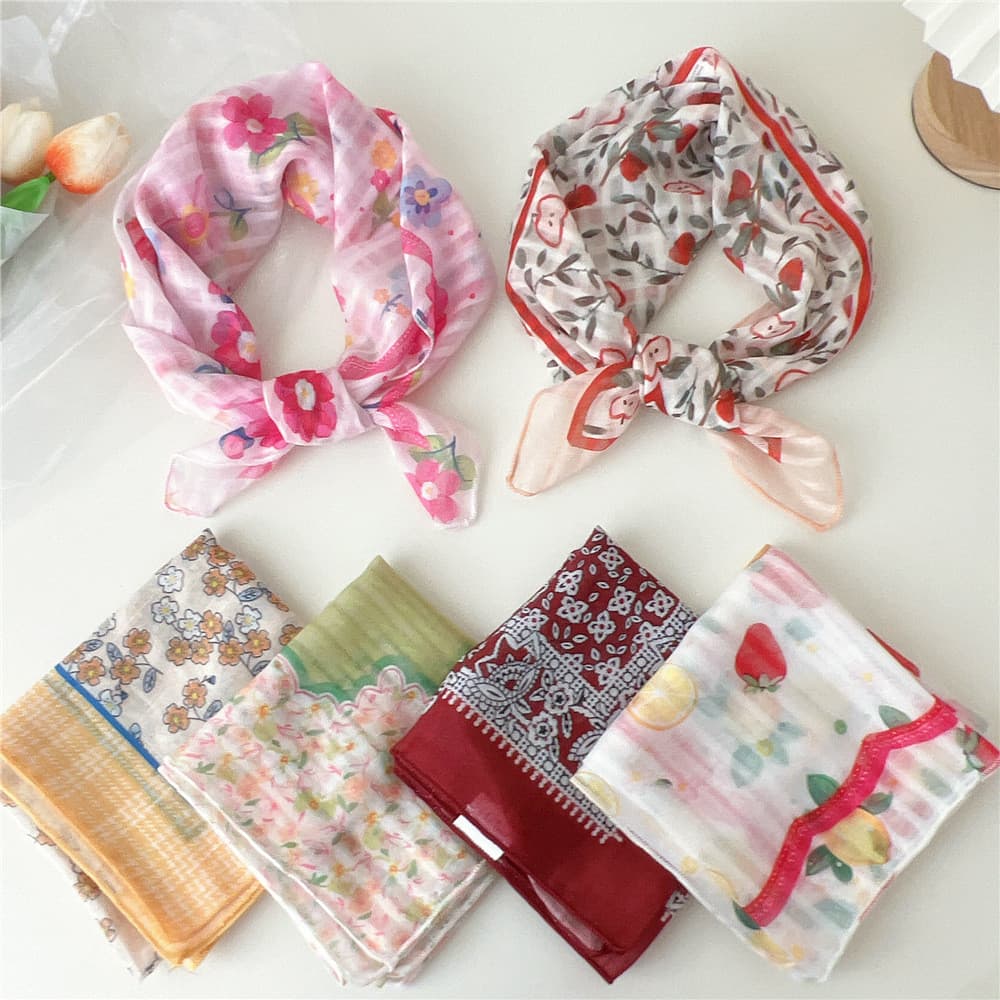 Lenço de seda feminino algodão linho pequeno lenço quadrado versão coreana doce flor quebrada lenço protetor solar decor
