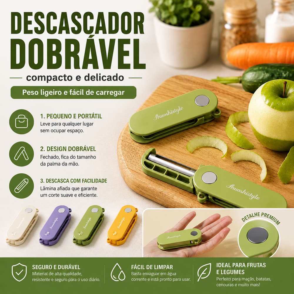 Descascador de Legumes Frutas Dobrável Portátil Resistente Leve com Lâmina Inox Para Cenoura Batata Casa e Camping