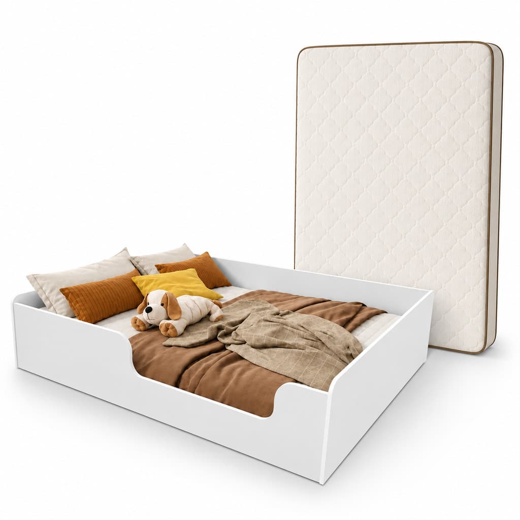 Cama Casal Montessoriana Branca com Colchão Incluso Cama Baixa Moderna Resistente e Confortável