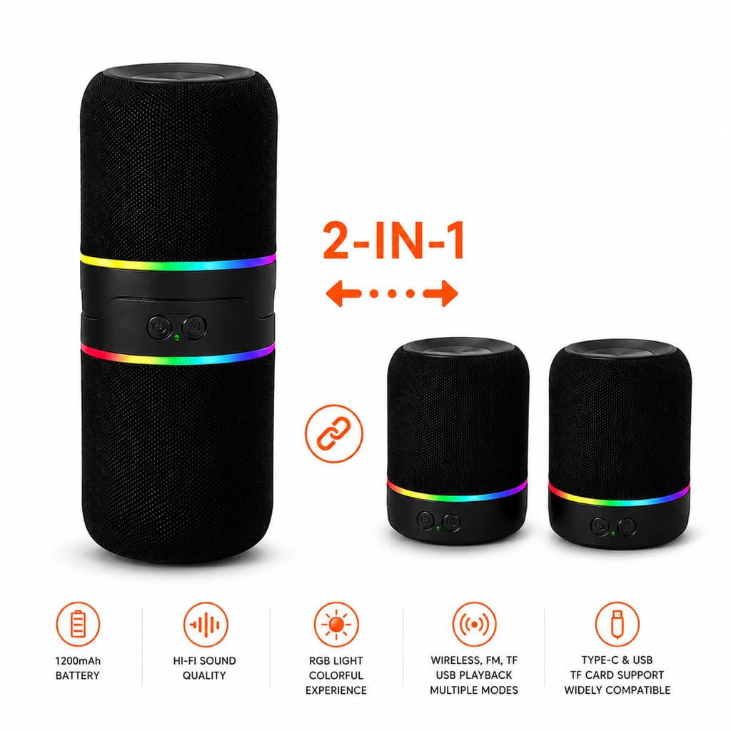 Caixa De Som Bluetooth 2 In 1 Dupla Potente LED RGB TWS Estéreo M25