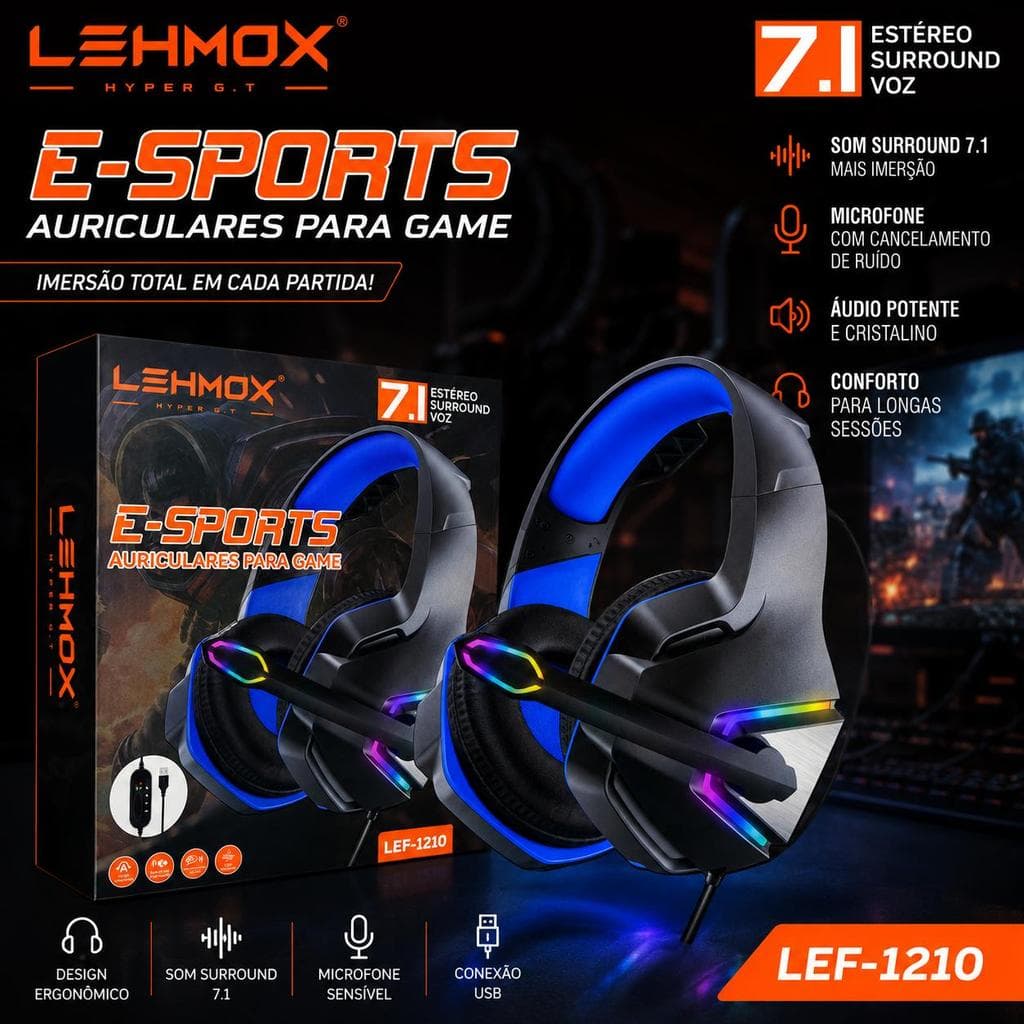 Headset Gamer LEHMOX LEF-1210 USB RGB 7.1 Surround Microfone para PC