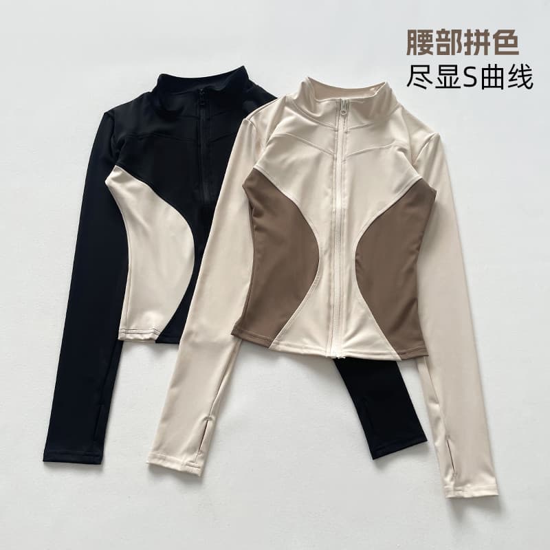 High-End cor combinando gola alta jaqueta de Yoga feminino mais magro olhar fino-ajuste de manga comprida esportes topo