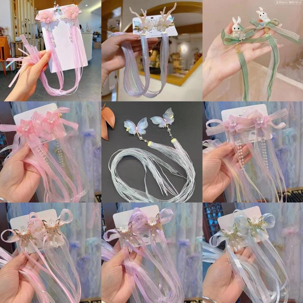 Hanfu cocar infantil feminino antigo Streamer clipe borboleta acessórios de cabelo curto fita par clipe jóias passo agit