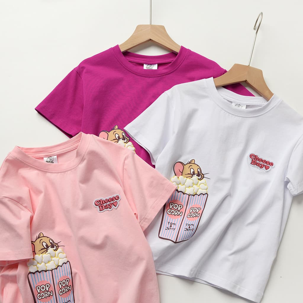 Camiseta Infantil de Algodão Puro com Estampa de Desenho Animado Tom e Jerry, Manga Curta Fina para Meninos e Meninas, E