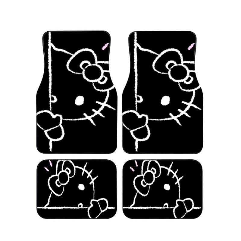 4 unidades de tapetes de pés de carro Hello Kitty pintados à mão preto e branco, tapetes gerais de interior de carro, ad