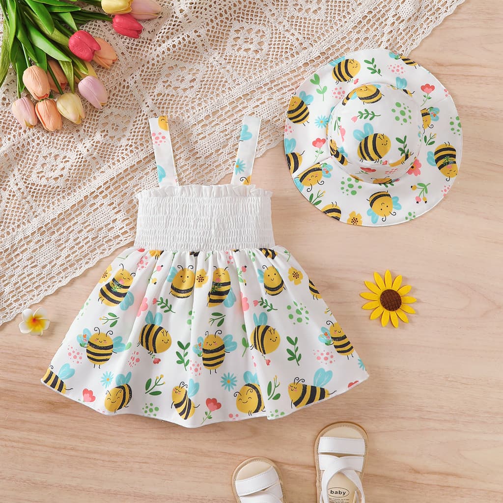 6M-3Y Bebê Meninas Estilo Férias Animal Dos Desenhos Animados Impressão Abelha Cami Vestido , Com Balde Combinando Chapé