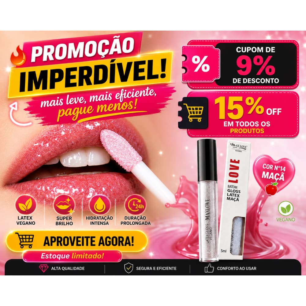 KIT 2 Batom Gloss Maçã Hidratante Efeito Espelhado Com Brilho e Partículas Iluminadoras - Max Love Cor 14 - 5ml