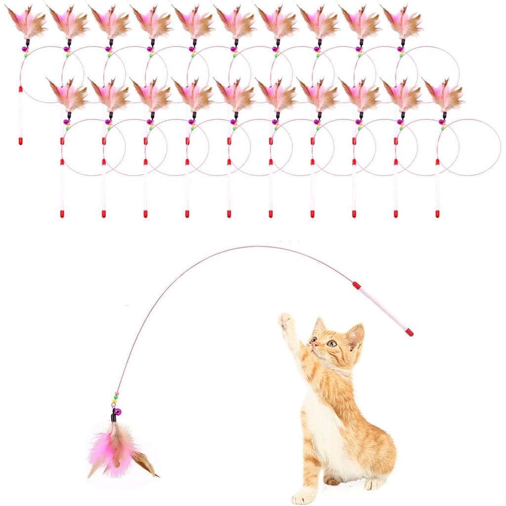 20 Pack Cat Feather Toy Wand, Interactive Pet Kitten Chaser Teaser Wire Wand with Bell Beads for Cat Exercise Play Fun G