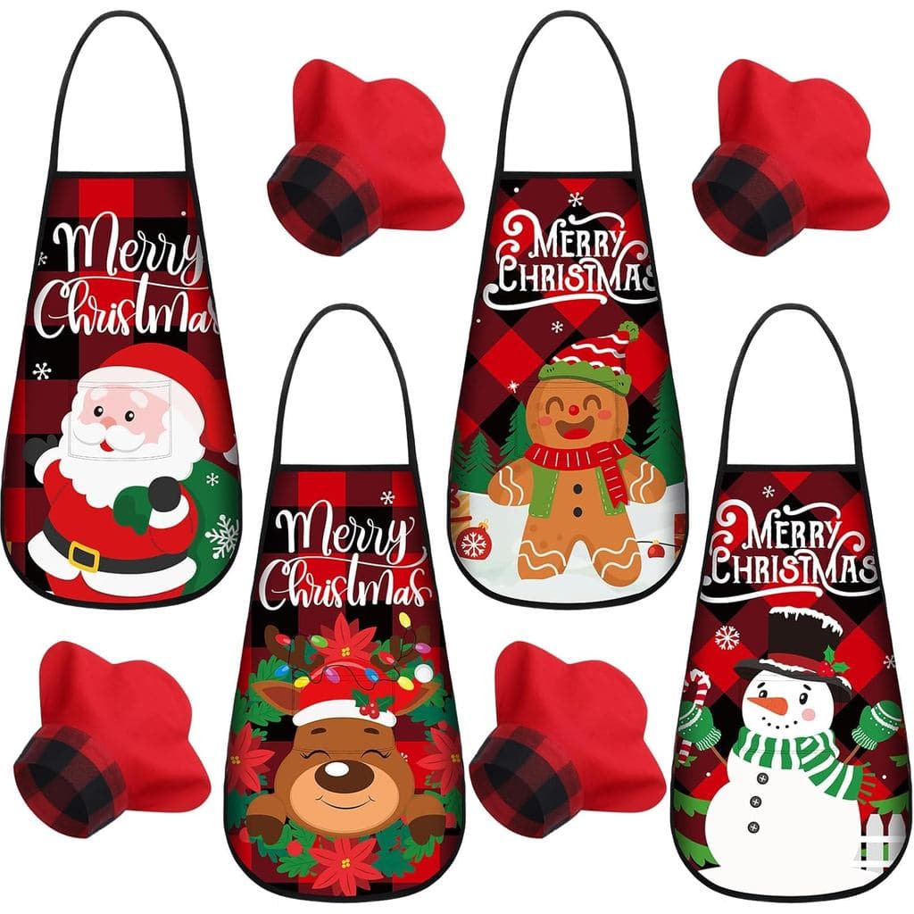 Geyoga 4 Conjuntos de Avental e Chapéu de Chef de Natal para Crianças com Bolso para Meninas e Meninos Pequenos, Avental