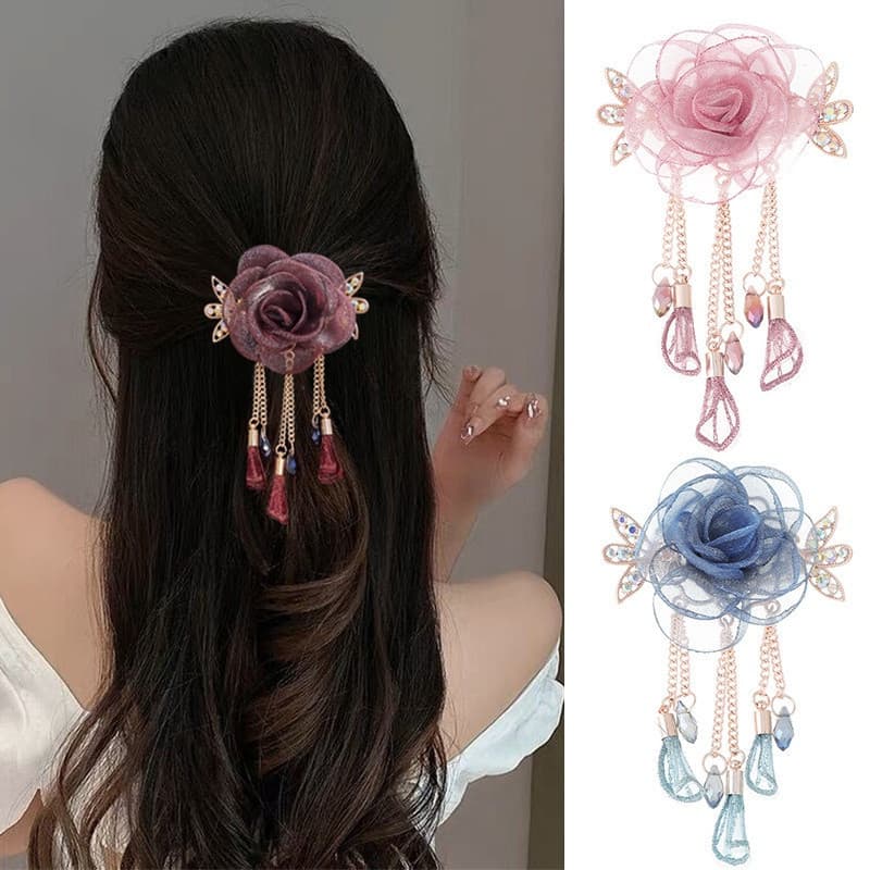 Novo Pano Arte Flor Borboleta Hairpin Doce Menina Fio De Seda Rosa Grab Clip Headdress