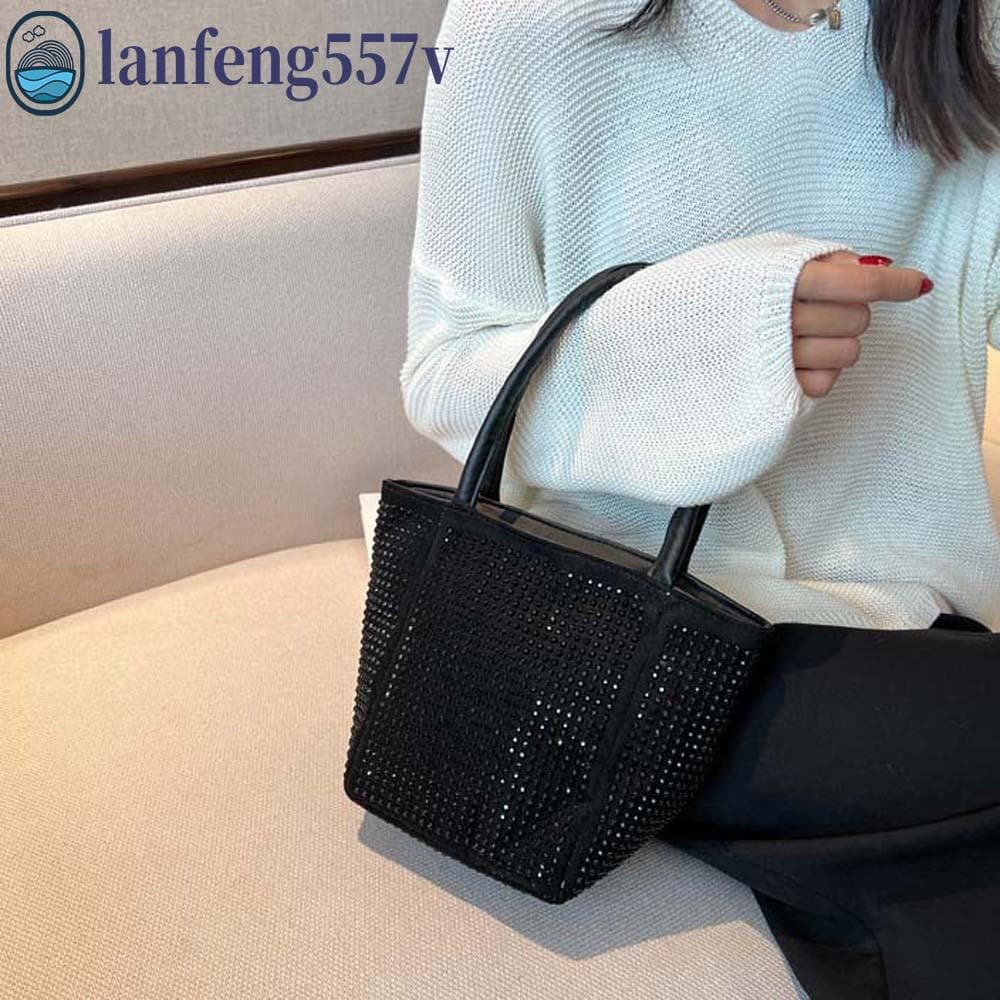 LANFENG Bolsa De Ombro Com Strass Brilhante , Quadrada De PU De Grande Capacidade Balde Elegante Prateada