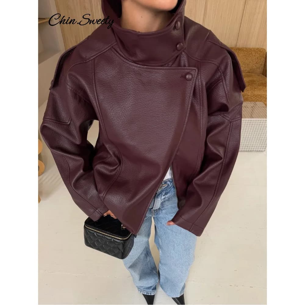 Jaqueta de Couro Feminina Vintage Gola, Cor Sólida, Estilo Motociclista, Assimétrica, Barra Elástica, Corte Solto, Jaque