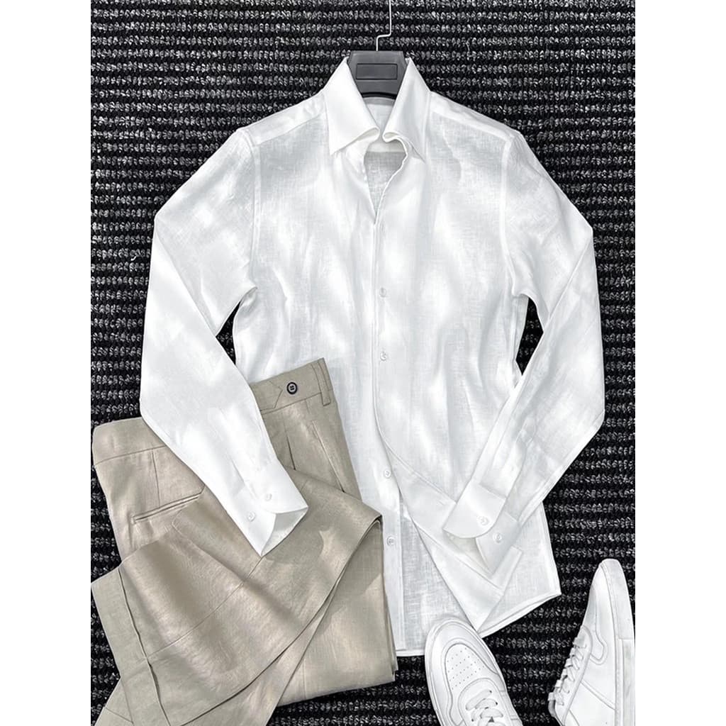 Camisa de linho de algodão europeu americano masculino estilo fino respirável fino ajuste de manga comprida protetor sol