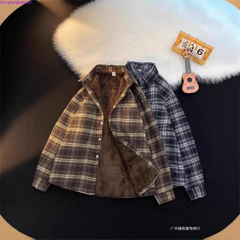 Outono inverno forro de lã engrossado csa xadrez masculina de manga comprida japonês Retro Street Wear vintage solto