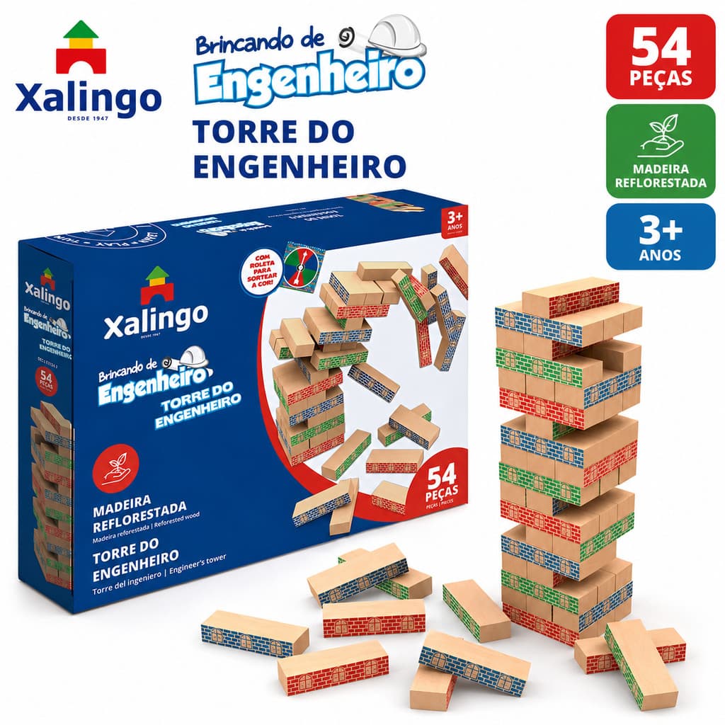 JOGO BRINCANDO DE ENGENHEIRO BLOCOS DE MONTAR TORRE 54 PEÇAS XALINGO MADEIRA REFLORESTADA CONSTRUÇÃO
