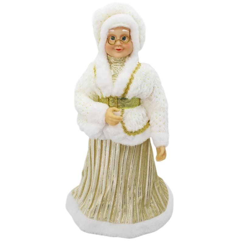 Mamãe Noel com vestido champanhe, casaco e touca brancos com detalhes dourados 45 cm