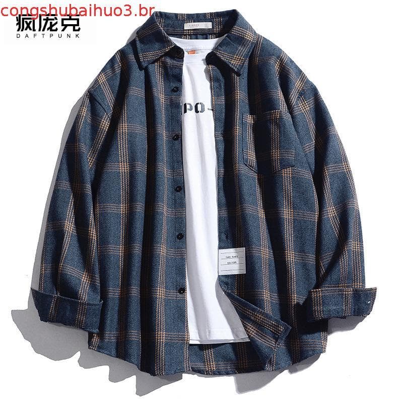 Csa masculina de manga comprida versão coreana csa xadrez solta na moda início do outono jaqueta novo estilo na mo