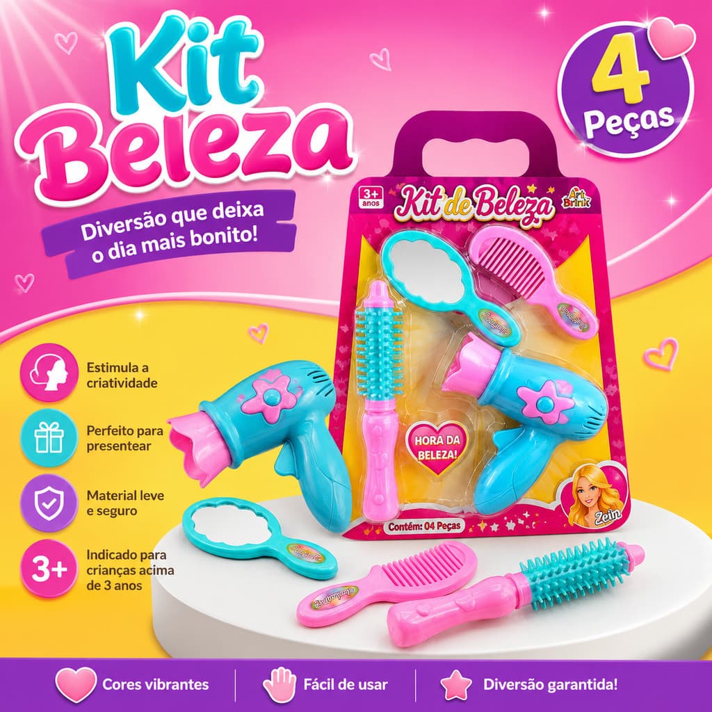 Kit Beleza Infantil Menina 4 Peças Brinquedo Salão Secador Espelho Pente Escova Faz de Conta