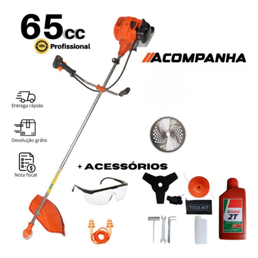 Roçadeira Aparador de Grama Cortador Gasolina 65cc Nakasaki + Disco 80 Dentes + Oleo
