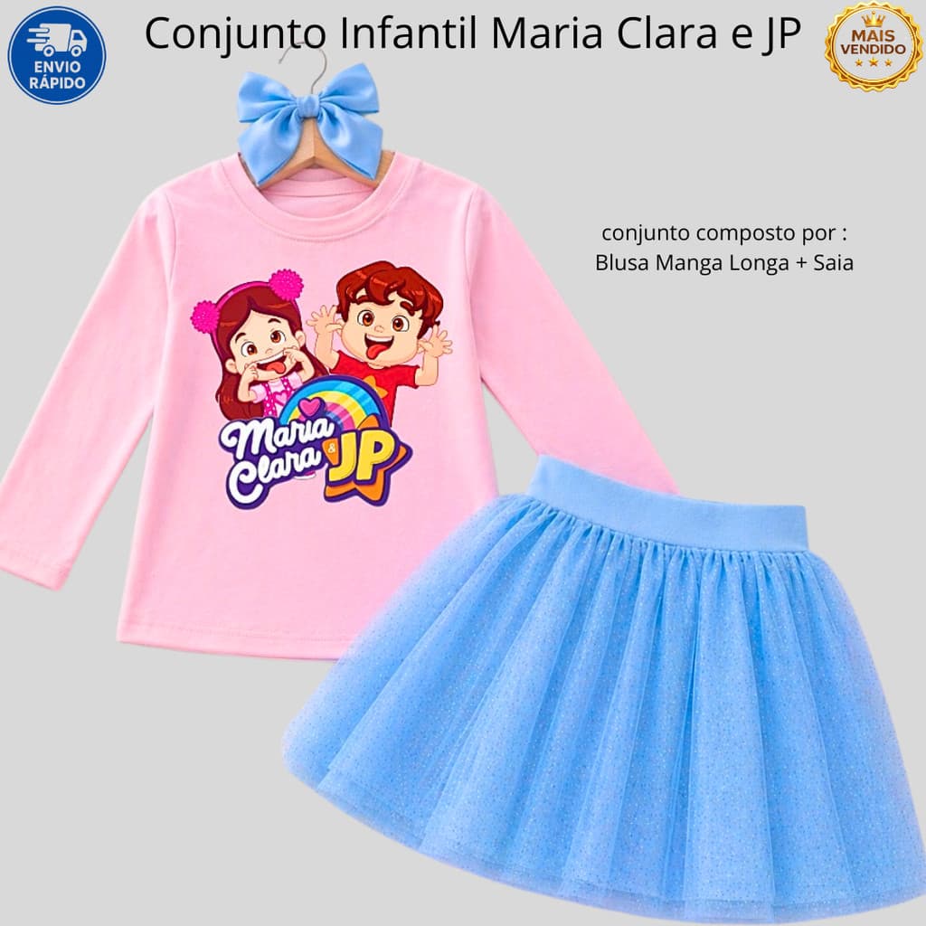 Conjunto Infantil Maria Clara e JP Menina Saia Tule Glitter Manga Longa Blogueirinha Roupa Festa conjunto meia estação